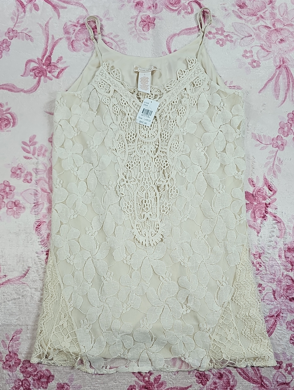 Flying Tomato Cream Floral Lace Crochet Bib Boho Camisole Top NWT ID13406 Large